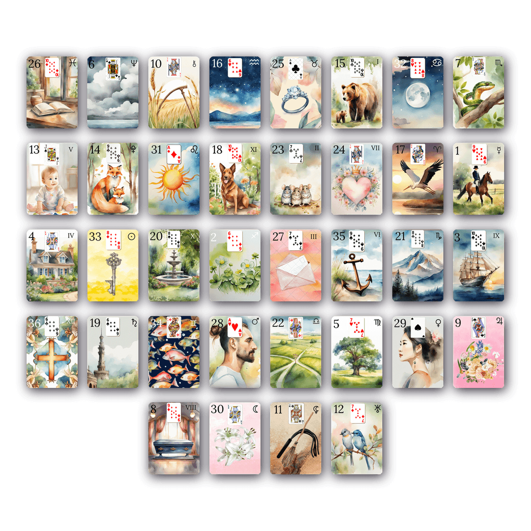 Gran Tabla completa con las 36 cartas del mazo acuarela Petit Lenormand