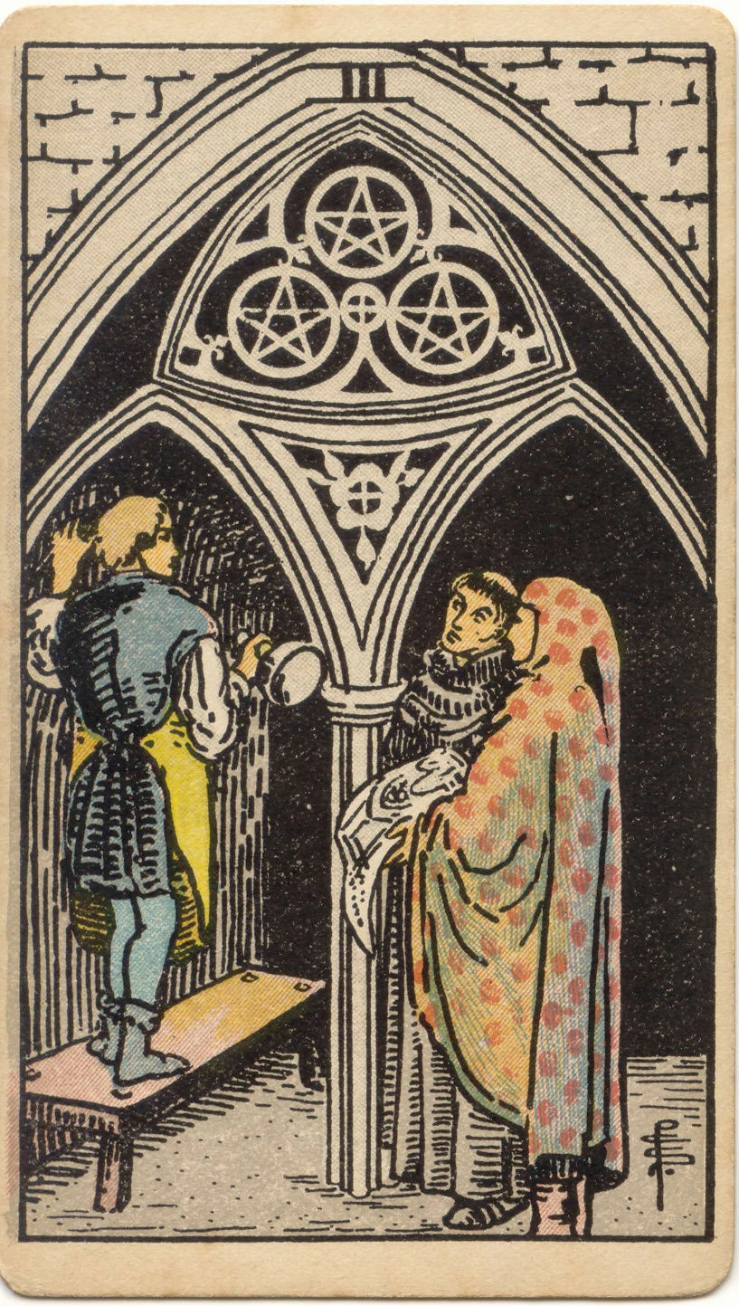 Three of Pentacles, complete card.