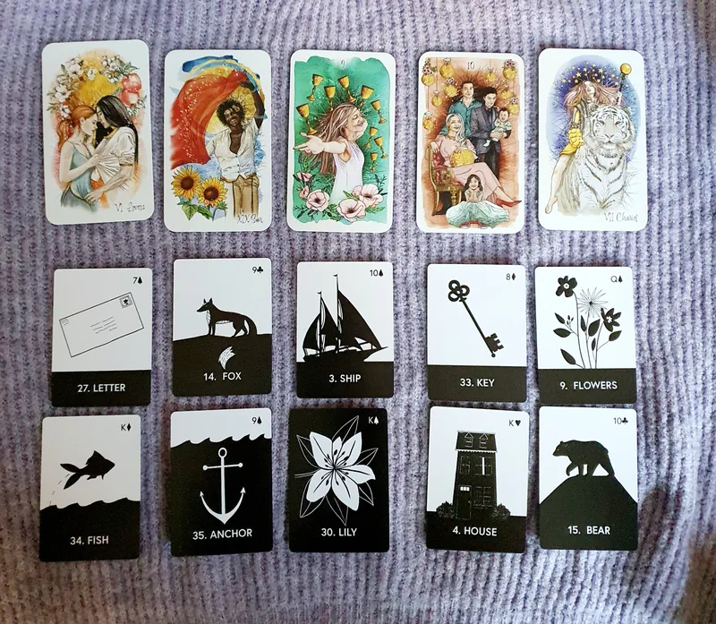 Cinq cartes de tarot au-dessus de deux rangées de Petit Lenormand noir et blanc, sur un tissu mauve.