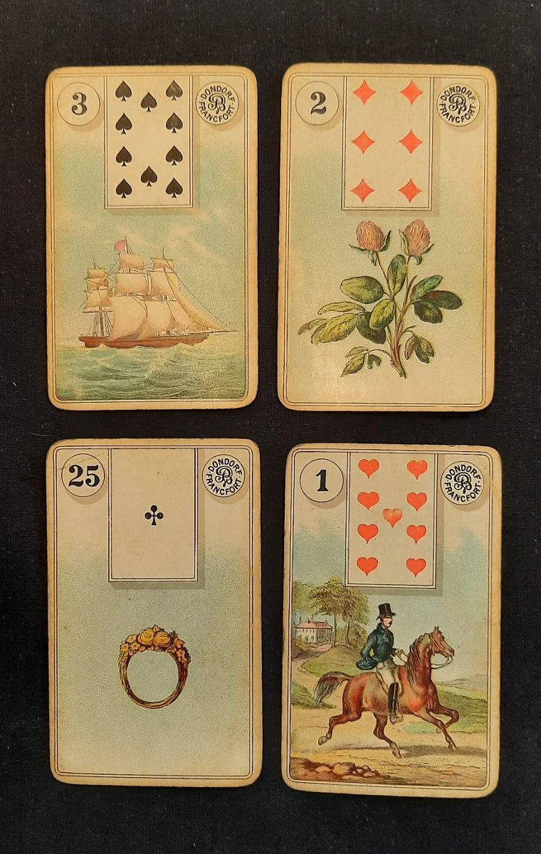 Four complete Dondorf cards held in Einbeck: Ship 3, Clover 2, Ring 25 and Rider 1
