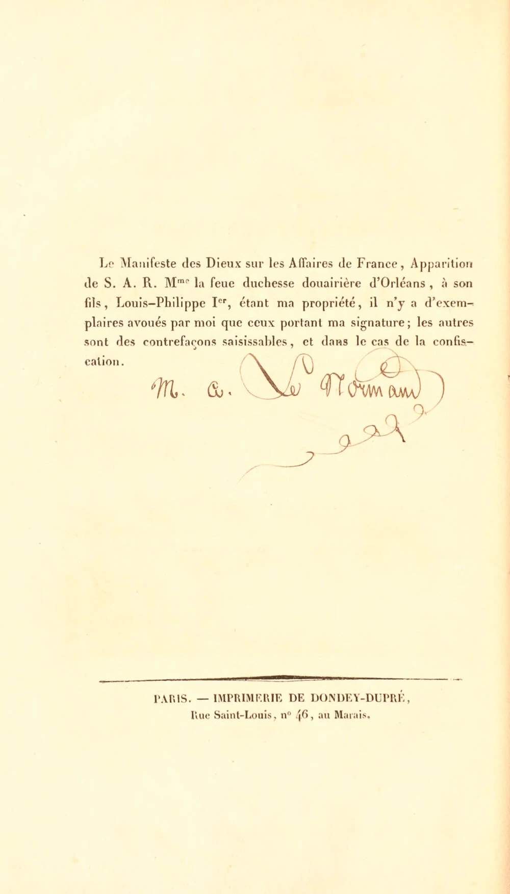 Warning against counterfeits and handwritten signature of M.-A. Le Normand in the 1832 Manifeste des dieux