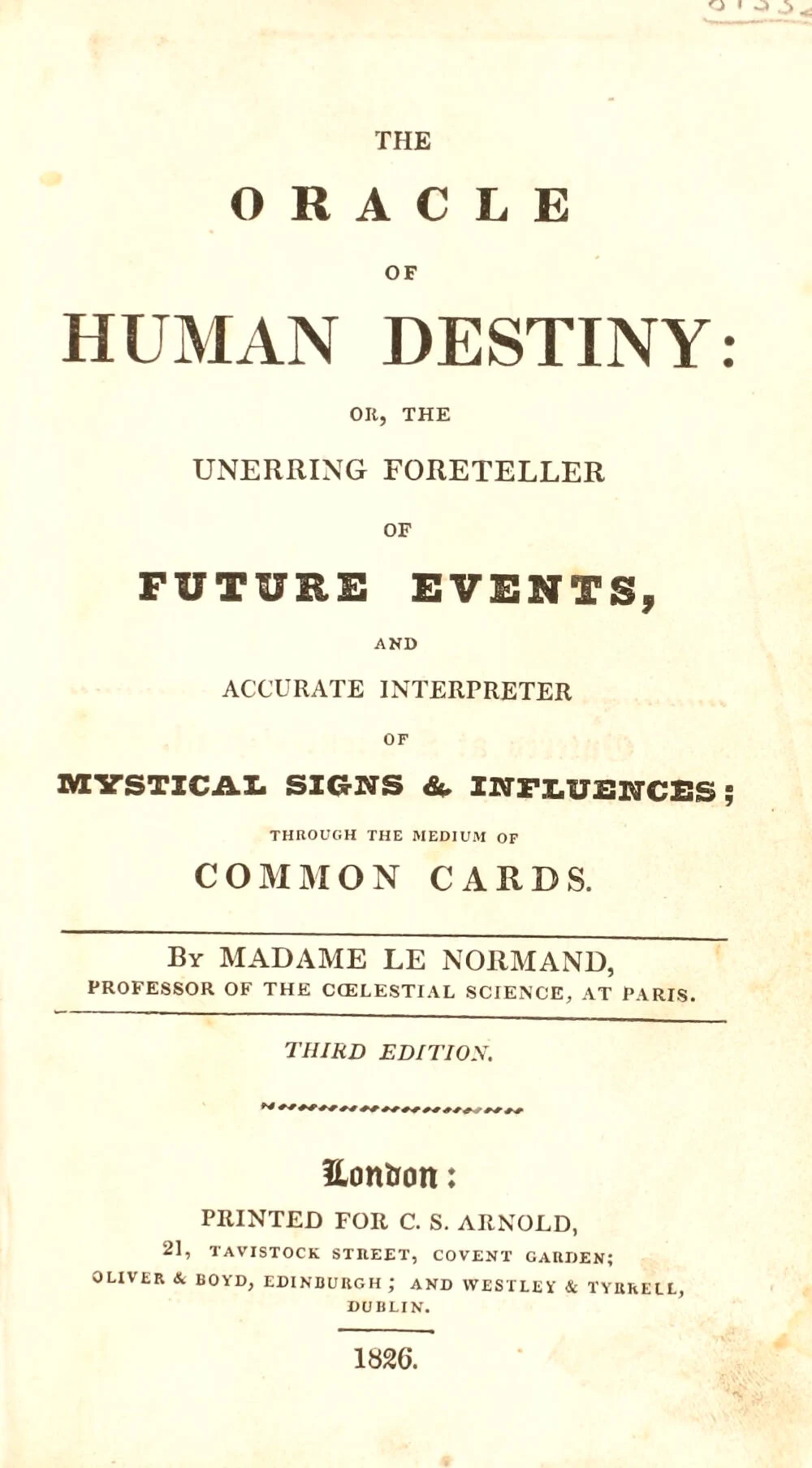 English title page of The Oracle of Human Destiny, published under Madame Le Normand’s name, third edition, 1826