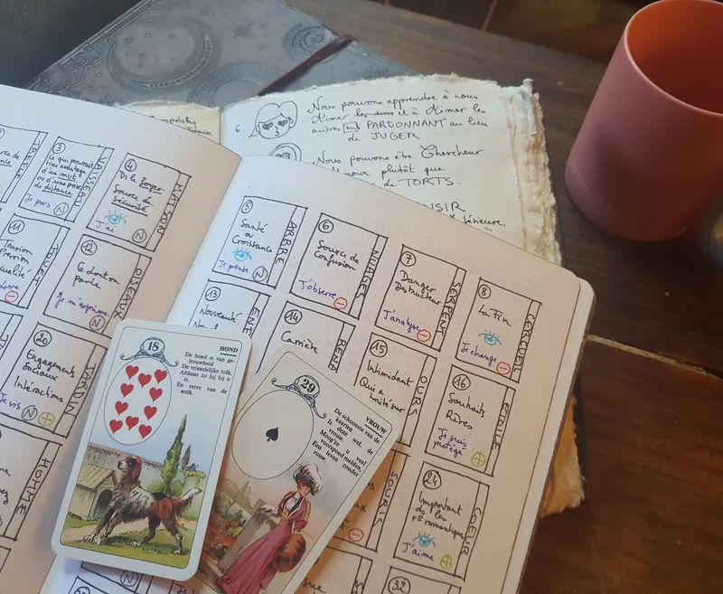 Open handwritten notebook with Dog and Woman cards, beside a cup.