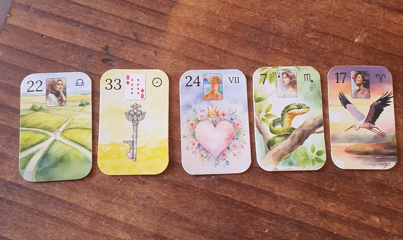 Crossroads, Key, Heart, Snake and Stork: five Aquarelle cards in a row on wood.