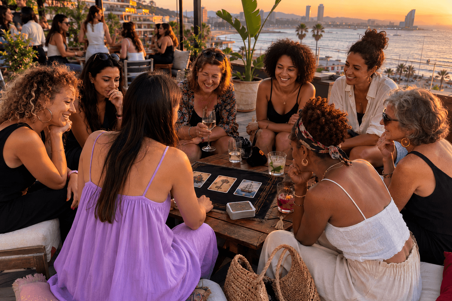 Groupe EVJF autour d’un tirage tarot au coucher du soleil à Barcelone