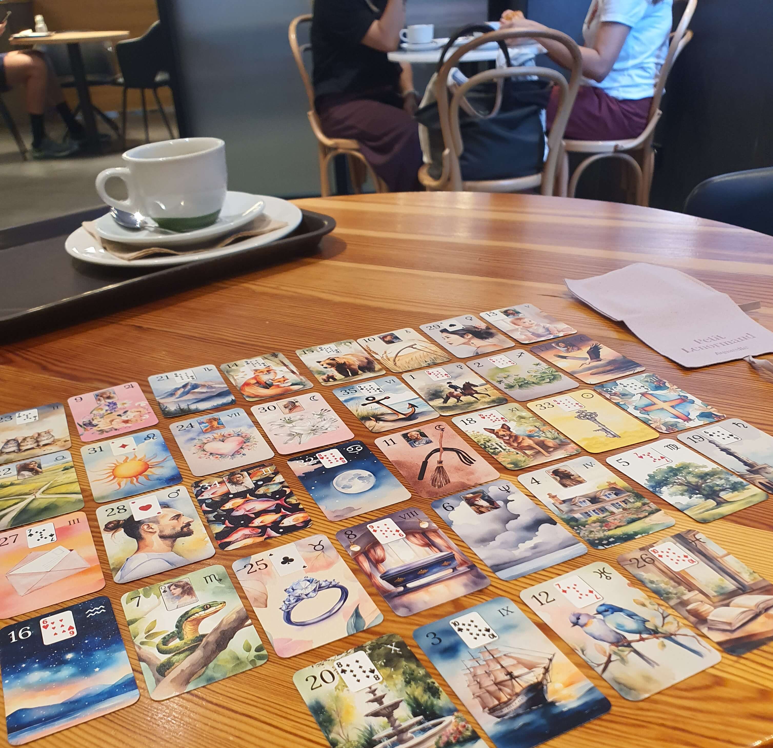 Le Petit Lenormand créé par Isabelle disposé en Grand Tableau sur une table de café